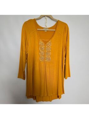 ONE WORLD TUNIC TOP WOMENS GOLD MUSTARD YELLOW EMBROIDERED SIZE XL NWT
